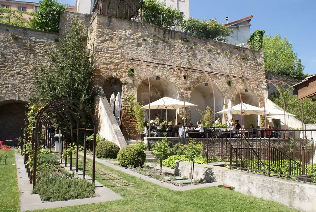 Terraced garden and arcades of the Gadagne museums in Old Lyon