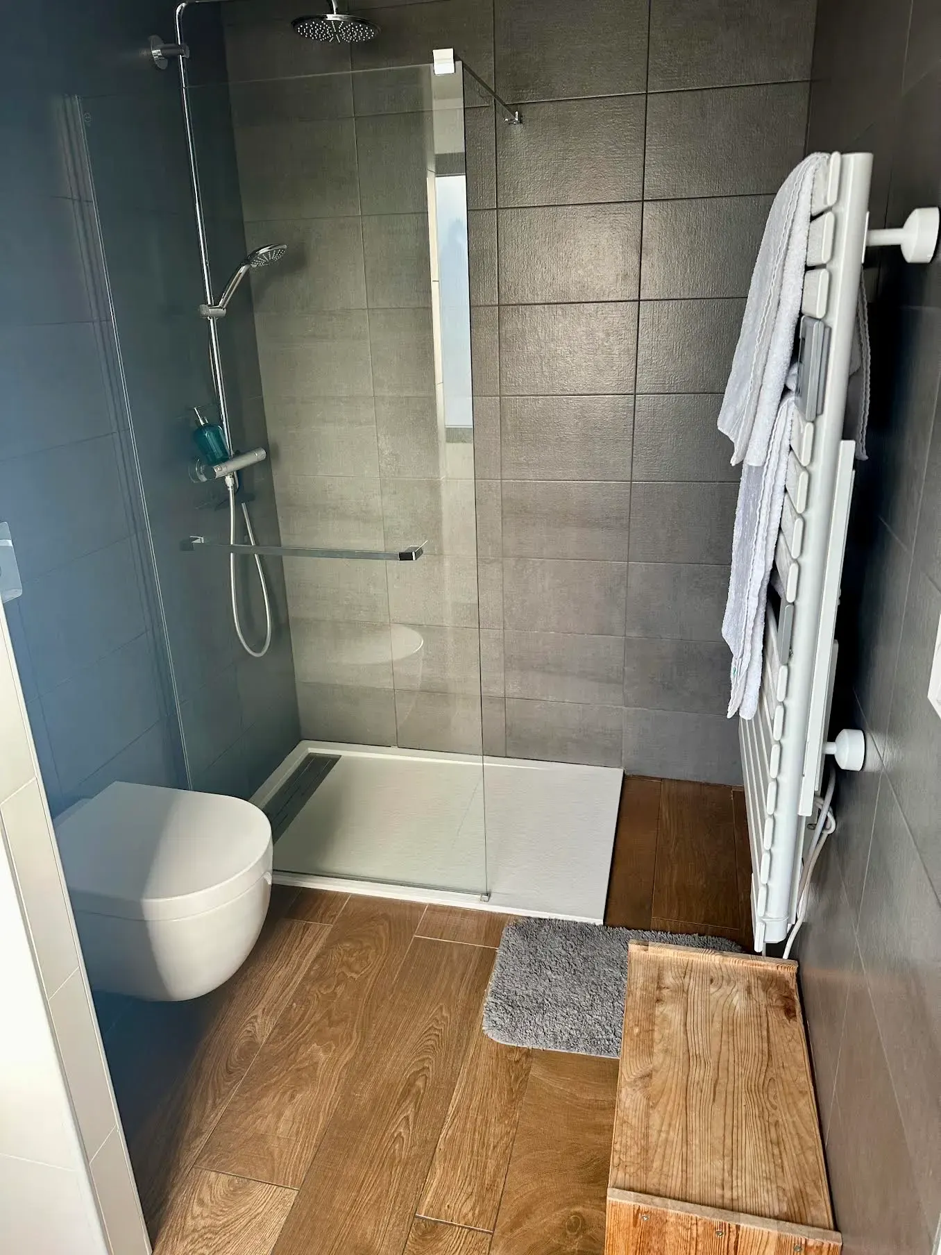 Heidelberg room shower room: glass walk-in shower, grey tiles and wooden floor