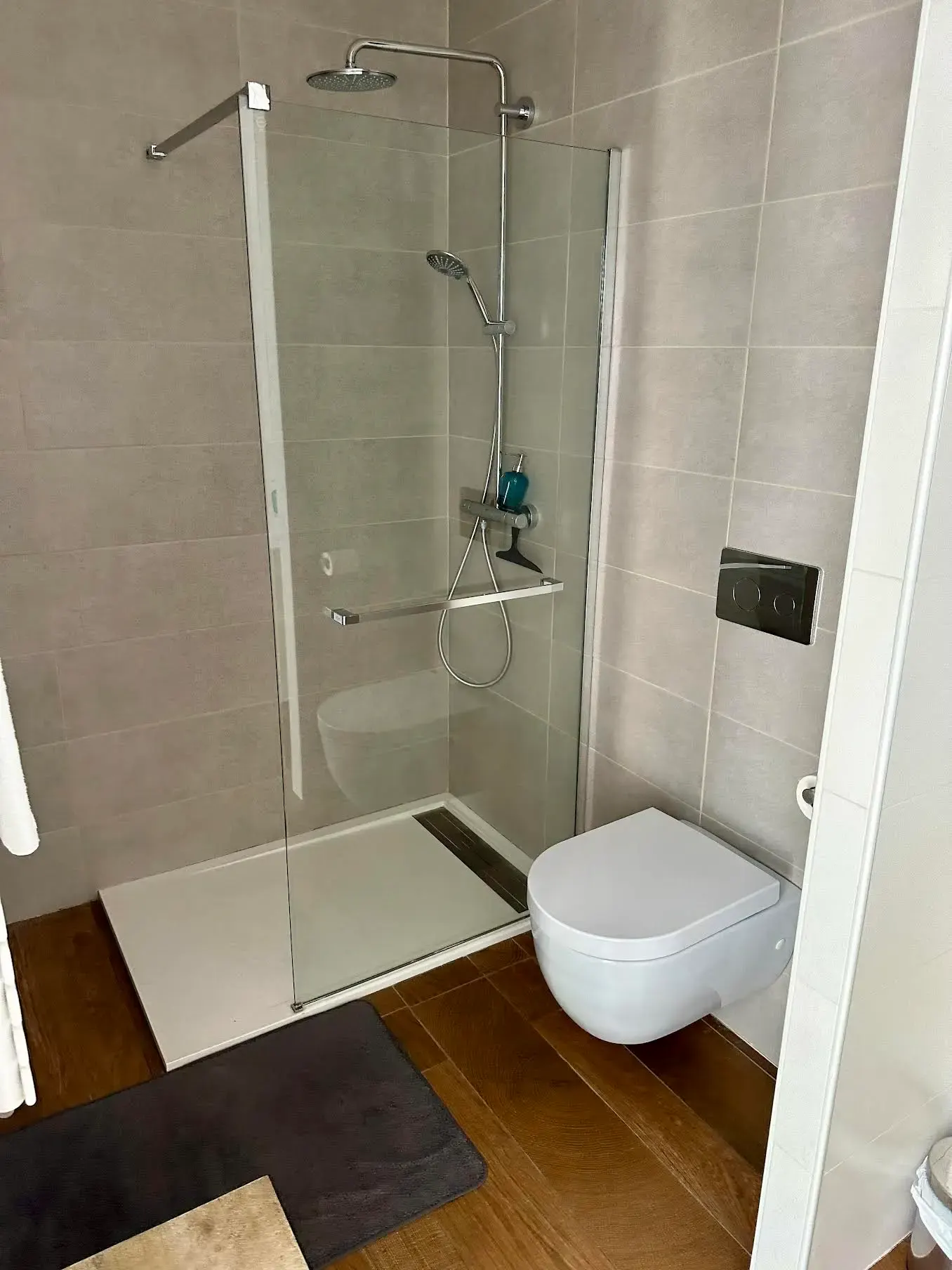 Palermo room shower room: glass walk-in shower and wall-hung toilet