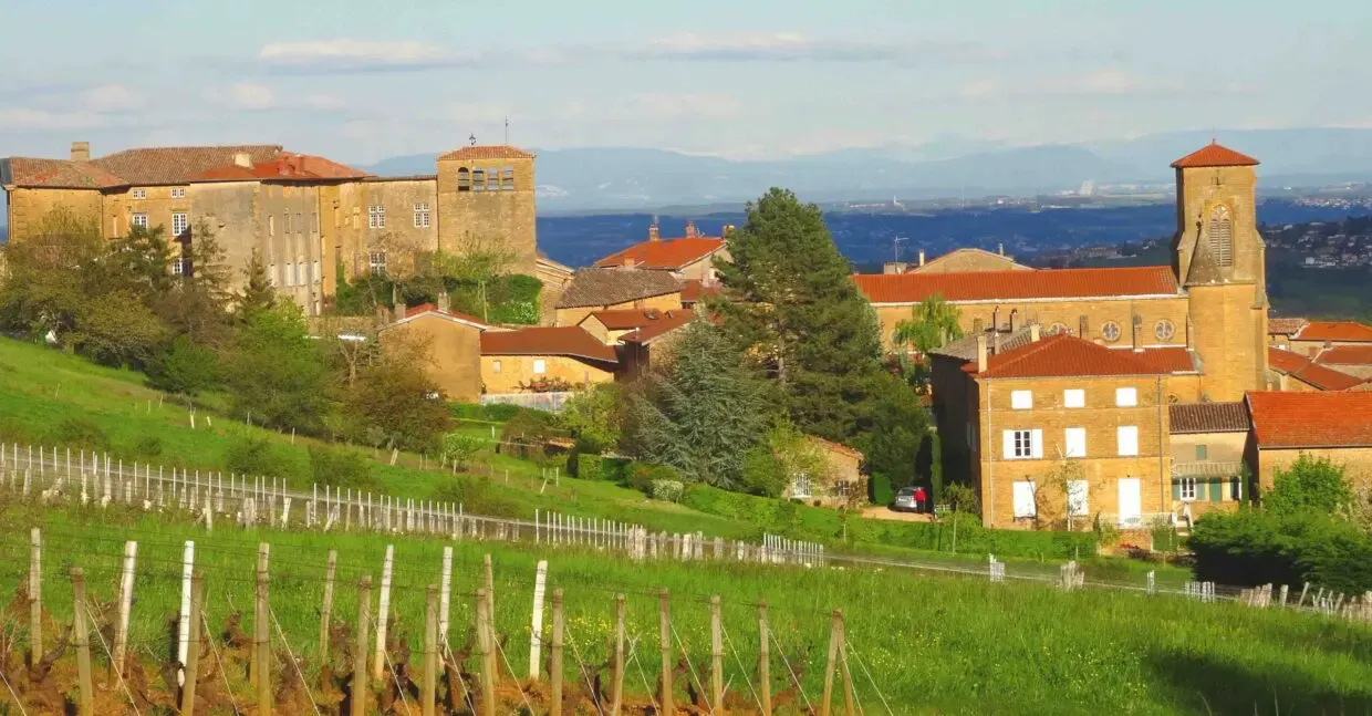 The village of Theizé and its château above the vineyards